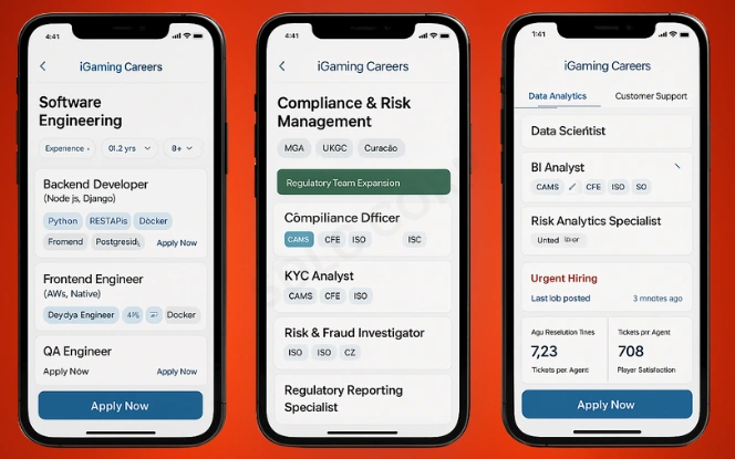 iGaming Career Opportunities Three phones showing software, compliance, and support job listings for iGaming