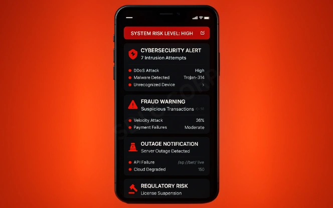 iGaming Risk Monitoring Dashboard Mobile showing cybersecurity alerts, fraud warnings, and regulatory risk indicators