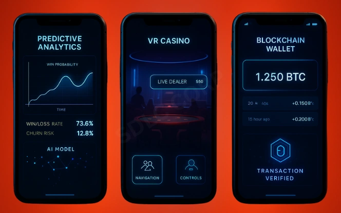 Future iGaming Technologies Three phones showing AI analytics, VR casino interface, and blockchain wallet screen
