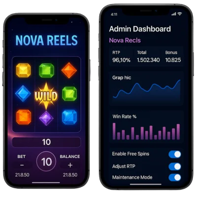 Two mobile screens showing Nova Reels slot game and admin dashboard for German operators