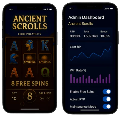 Two mobile screens showing Ancient Scrolls high volatility Egyptian slot and admin dashboard for German casino operators