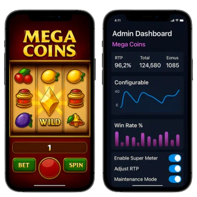 Two iPhone screens showing Mega Coins classic three reel slot game and analytics dashboard for German casino operators