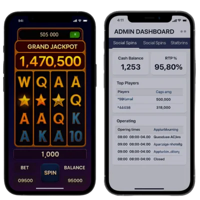 Two mobile screens showing Social Spins free to play slot app and admin dashboard for German casino operators