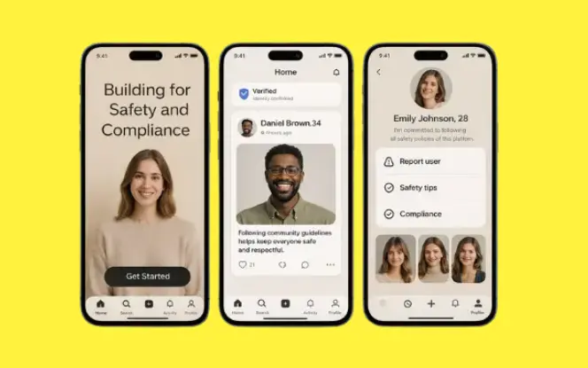 Three smartphone screens demonstrating features that ensure user safety and regulatory compliance in a social app. The first screen displays an age verification prompt with a numeric input field for entering date of birth and a 'Verify' button, enforcing age-appropriate access. The second screen shows a pop-up warning message over chat content, labeled with an 'AI moderation' badge, notifying users of detected inappropriate behavior. The third screen presents a reporting interface where users can select reasons like harassment or spam, accompanied by visible compliance badges including GDPR and COPPA, reinforcing the app's commitment to privacy and legal standards.