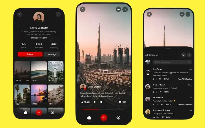 Three smartphone screens demonstrating best practices in UI and UX design. The first screen presents a clear onboarding process with a visual progress bar at the top, a welcome message, and a bold yellow 'Continue' button. The second screen emphasizes visual hierarchy, showing cleanly arranged chat and video icons with distinct labels to aid quick user recognition. The third screen focuses on branding and accessibility, using a consistent yellow-and-black color scheme, high-contrast text, and large, legible font styles for improved readability across devices. The overall design reflects clarity, consistency, and user-centric layout.