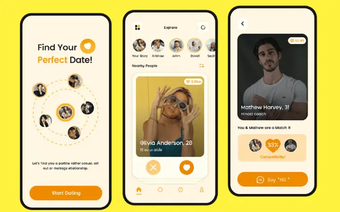 Three smartphone screens depicting core features of a social discovery app. The first screen shows a user profile customization page with a circular profile picture, editable name and bio fields, and options to add more photos. The second screen highlights an age-based match filter with a slider for selecting an age range and a filtered list of user cards based on selected criteria. The third screen displays a swipe-based interface for friend discovery, featuring large profile cards that can be swiped left or right, with animated icons for 'Like' and 'Skip' to guide user interaction.