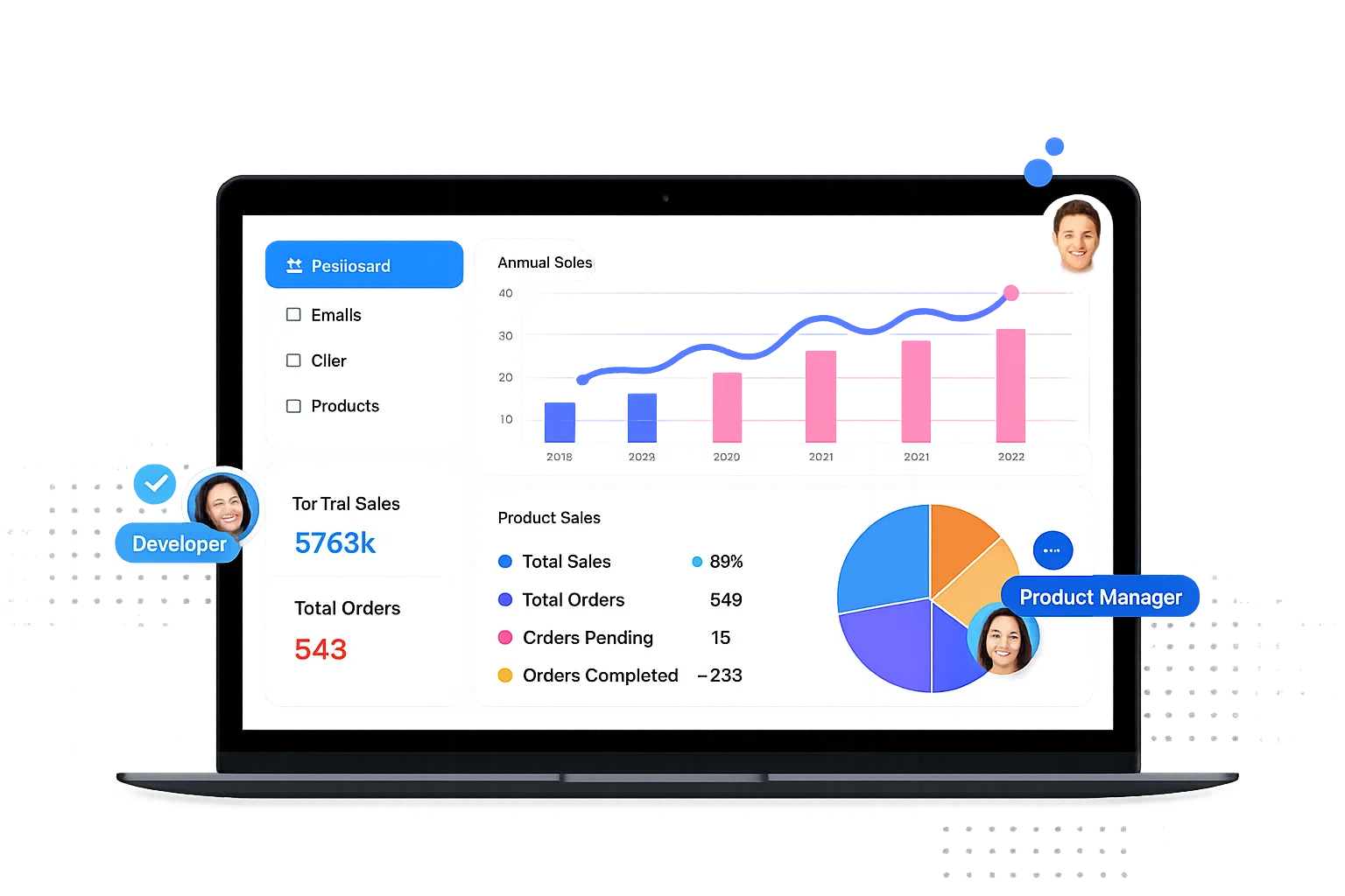 Custom software analytics dashboard with charts and role tags