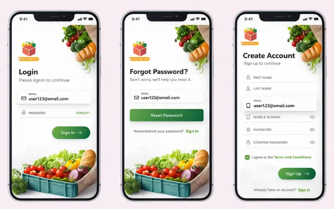 Three iPhone 16 Pro screens displaying user registration, OTP verification, and social media login interfaces for a grocery delivery app