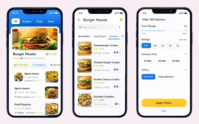 Restaurant dashboard interface displaying order management, menu updates, and earnings report features in a food delivery app