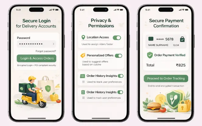 App interface showing secure login with biometric authentication, encrypted transactions, and data protection settings for a food delivery platform