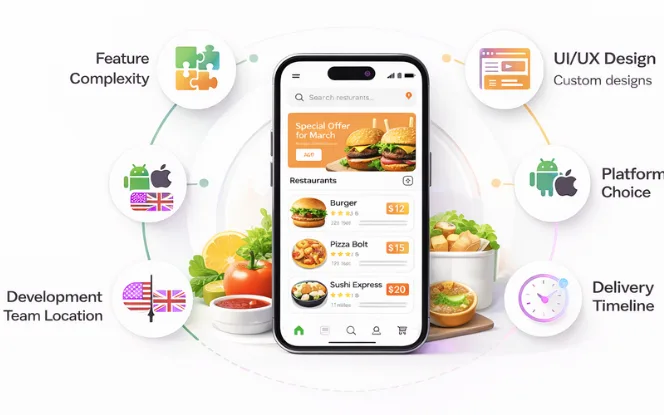 Food delivery app interface showing toggles for features, UI/UX complexity options, and a global map displaying regional development costs