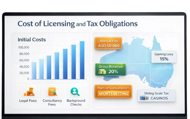 “A professional desktop dashboard titled Cost of Licensing and Tax Obligations for the Australia iGaming License, showing a bar chart of initial costs by state, icons for legal fees, consultancy fees, and background checks, plus a map of Australia with ongoing tax details including gaming levy, point-of-consumption tax, and sliding scale tax.