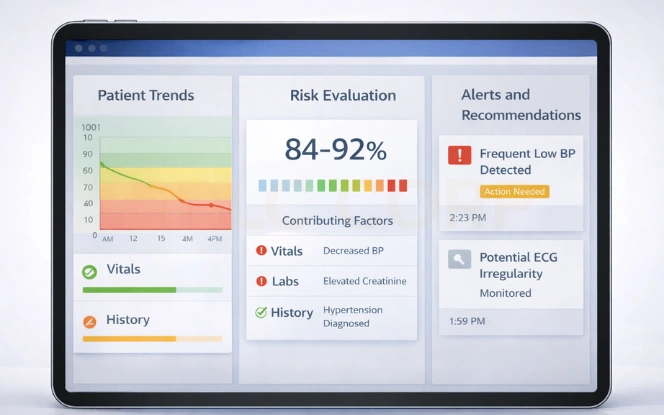 Clinical decision support dashboard showing patient trends risk scoring and fewer more relevant alerts.