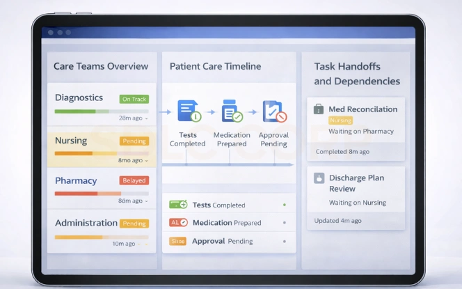 Care coordination dashboard showing team handoffs patient journey timeline and dependency tracking.