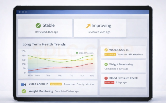 Long term patient monitoring dashboard showing multi week trends stability status and follow up schedule.