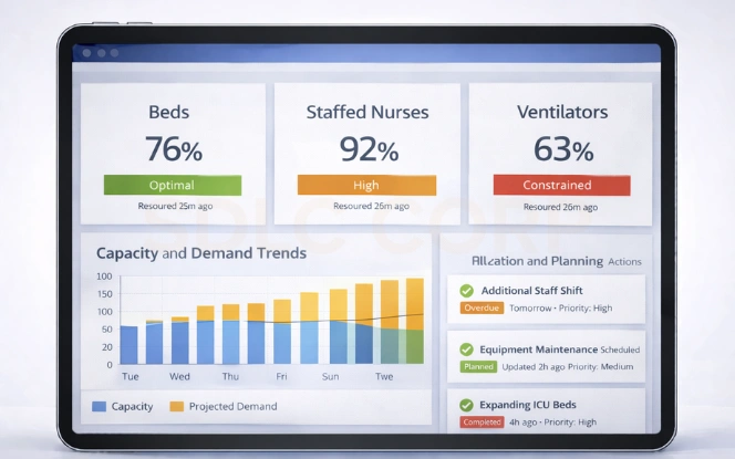 Hospital operations dashboard showing resource utilization capacity trends and planning actions.