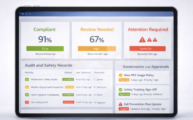 Healthcare compliance dashboard showing audit logs approval status and governance controls.