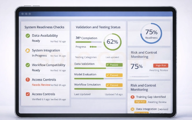 Implementation dashboard showing readiness checks validation status and risk monitoring for deployment.