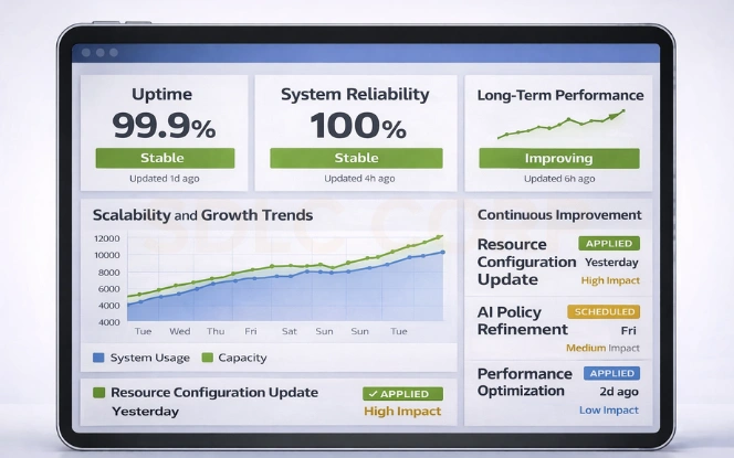 Enterprise dashboard showing long term stability scalability trends and continuous improvement updates.