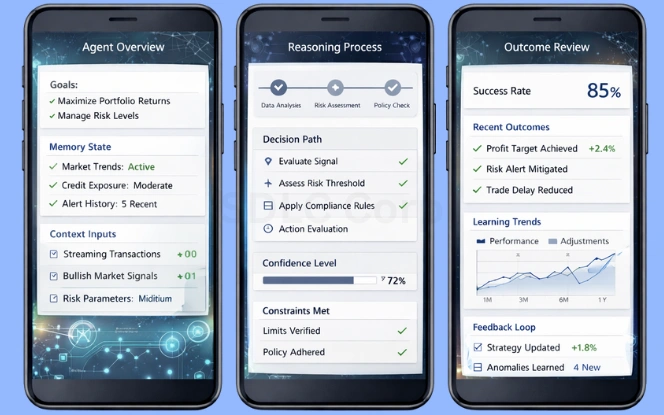 Agent architecture dashboards show goals, memory states, reasoning steps, policy constraints, confidence meters, and learning feedback charts in a clean finance AI UI.
