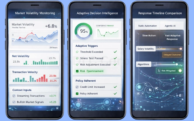 Volatility dashboards show market spikes, transaction velocity, adaptive risk triggers, and response timelines comparing static automation versus agentic actions with clear charts.