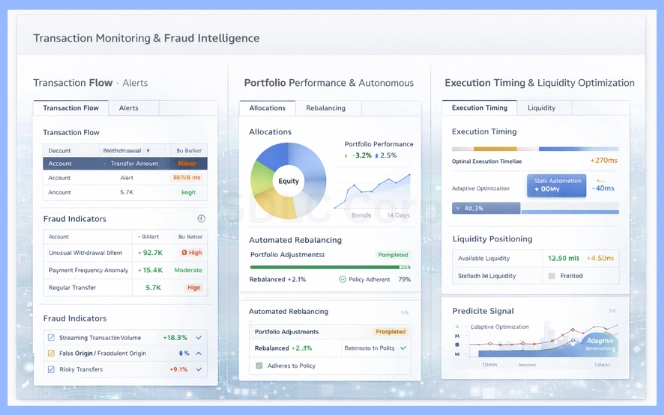 Banking and investment dashboards show transaction monitoring, fraud indicators, portfolio performance, automated rebalancing actions, liquidity positioning, and execution timing metrics.