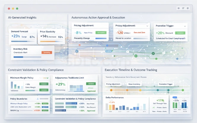 Autonomous retail execution dashboard showing AI insights, approved actions, constraint validation, and execution timelines for pricing, inventory, promotions.