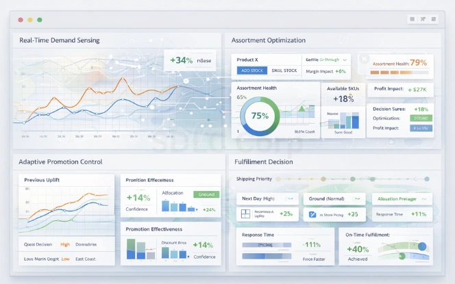 Retail decision intelligence dashboard showing demand sensing, assortment optimization, adaptive promotion controls, and fulfillment decisions with AI cutouts.