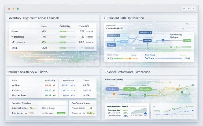 Omnichannel coordination dashboard showing inventory alignment, fulfillment optimization, pricing consistency, and channel performance comparisons with AI cutouts.