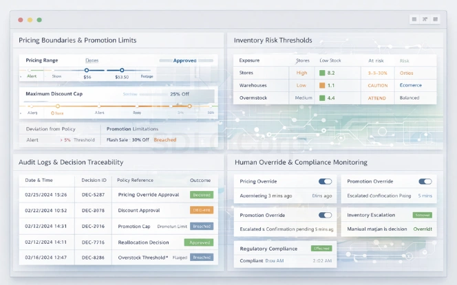 Retail AI governance dashboard showing pricing boundaries, promotion limits, inventory risk thresholds, audit logs, and human overrides with AI cutouts.