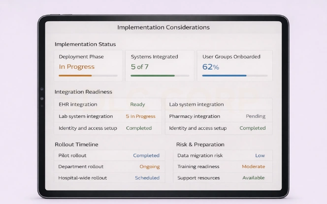 Implementation Considerations Dashboard Implementation dashboard showing readiness checks validation status and risk monitoring for deployment.
