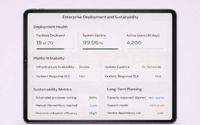 Enterprise Deployment and Sustainability Dashboard Enterprise dashboard showing long term stability scalability trends and continuous improvement updates.