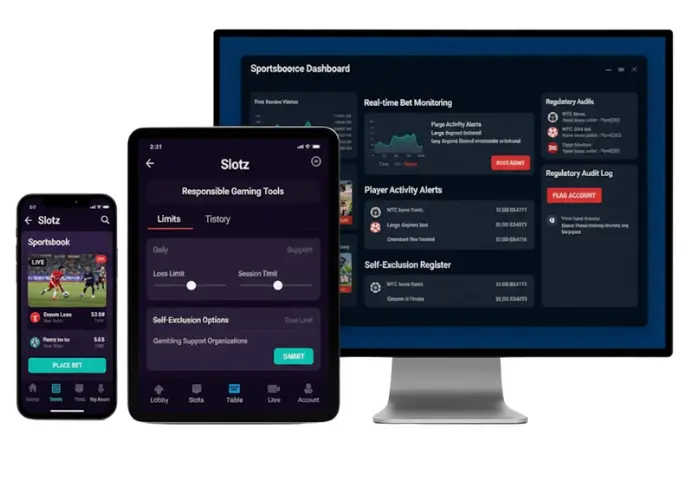 A multi-device display of a sports betting dashboard featuring real-time monitoring, player activity alerts, and responsible gaming tools like loss limits and self-exclusion.
