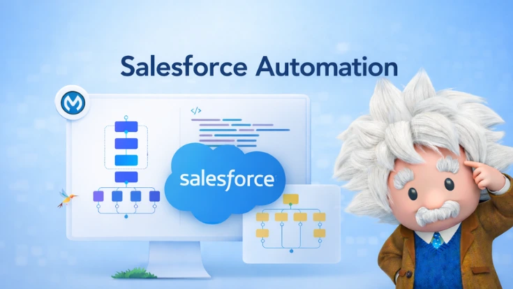 Salesforce automation illustration showing workflow diagrams and Einstein mascot representing streamlined revenue operations