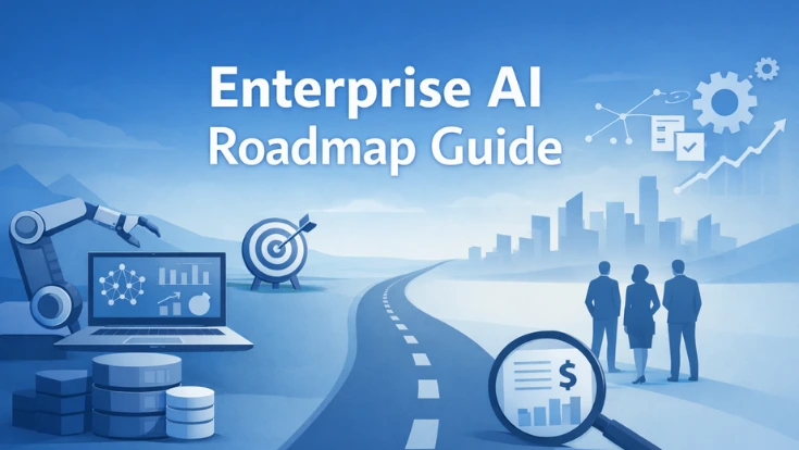 Enterprise AI roadmap guide illustration with KPI dashboard, automation icons, governance gears, and ROI growth chart on a business timeline.