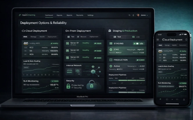 Enterprise deployment dashboard showing cloud, on-prem, staging, and access governance views across desktop and mobile interfaces.