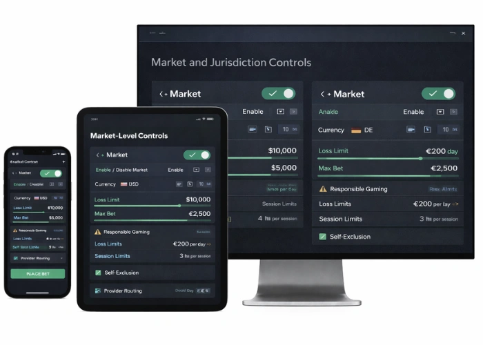 Multi-device dashboard showing market-level controls with currency, language, limits, and provider routing across desktop, tablet, and mobile interfaces.