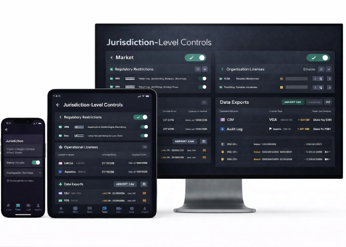 Responsive admin dashboard showing jurisdiction-level controls, compliance rules, reporting, and audit logs across desktop, tablet, and mobile screens.