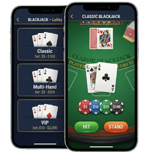 Blackjack lobby and classic blackjack table UI on mobile
