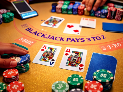 Blackjack table with cards and chips showing ‘Blackjack pays 3 to 2