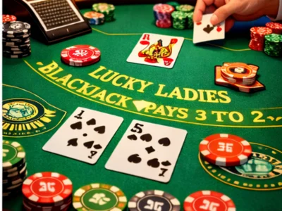 Blackjack table showing Lucky Ladies side bet and 3:2 payout layout