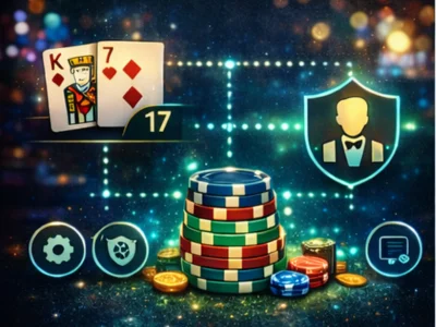 Secure blackjack gameplay illustration with chips and integrity shield