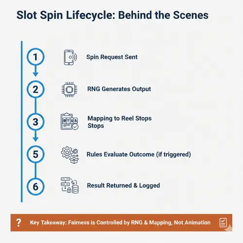 Slot spin lifecycle diagram showing the 6-step process from spin request to logged result