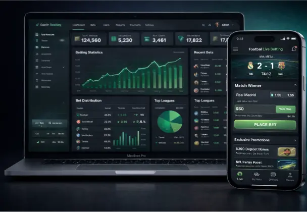 Sports betting dashboard on laptop with mobile betting app mockup in front.