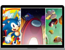 “Laptop screen displaying popular video game characters and scenes including Sonic, Among Us, and other animated gameplay visuals.”
