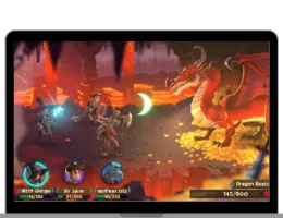 “Laptop screen showing a fantasy role-playing game with characters battling a red dragon in a cave environment.”