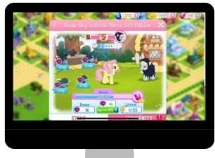 “Colorful casual game interface on a computer screen featuring a pony character with stats, power level, and upgrade options.”