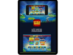 “Tablet screen showing World Bingo game interface with colorful game selection menus and island-themed background.”