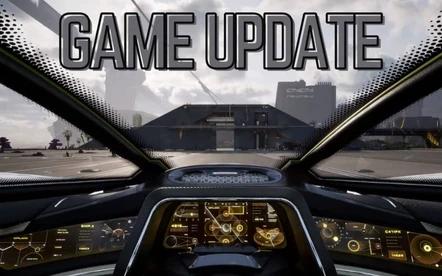 First-person view from inside a futuristic car cockpit with digital dashboard controls and text ‘Game Update’ displayed.