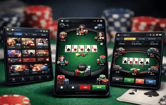Poker game interface showing live table, lobby tables, and tournament view with chips and cards background.